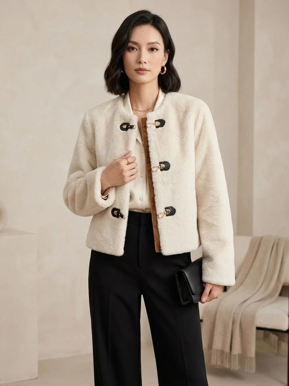 Jason Wu Cream Faux Shearling Toggle Jacket With Black Trim